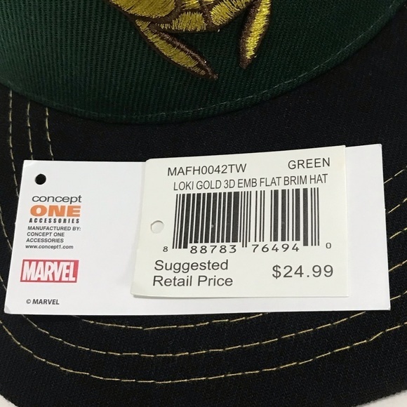 Loki Gold 3D Emblem Flat Rim Hat Green SnapBack Baseball Cap OSFM NEW - Picture 6 of 8
